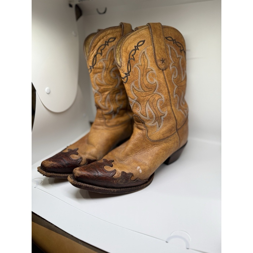 Tony Lama Vintage‎ Western Cowboy Boots Leather Cognac Tan Stitched 9.5B - Picture 5 of 9